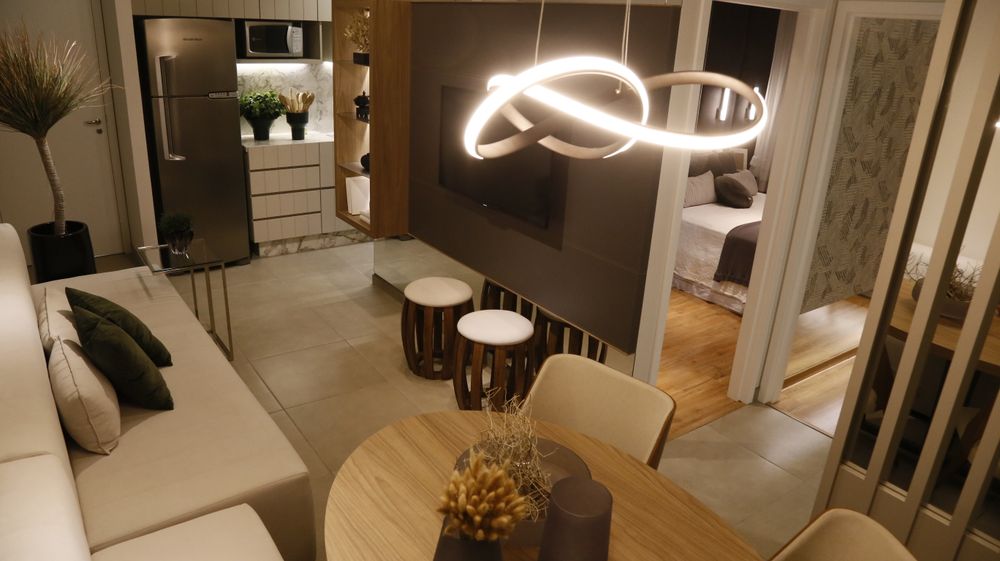 Modern apartment with an open kitchen and dining area